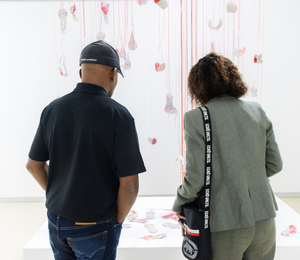 Gallerygoers viewing a suspended mixed-media installation hanging over a low white platform.