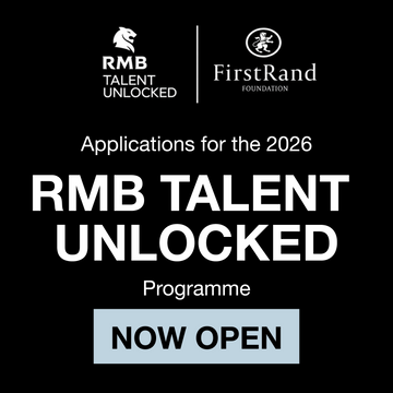 Black and white promotional graphic announcing that applications for the 2026 RMB Talent Unlocked Programme, supported by FirstRand Foundation, are now open.