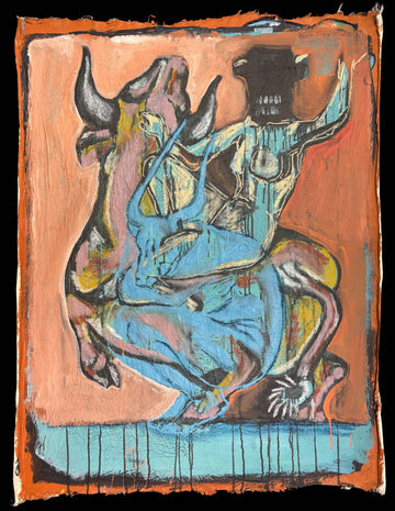 Riding with bull, after Basquiat