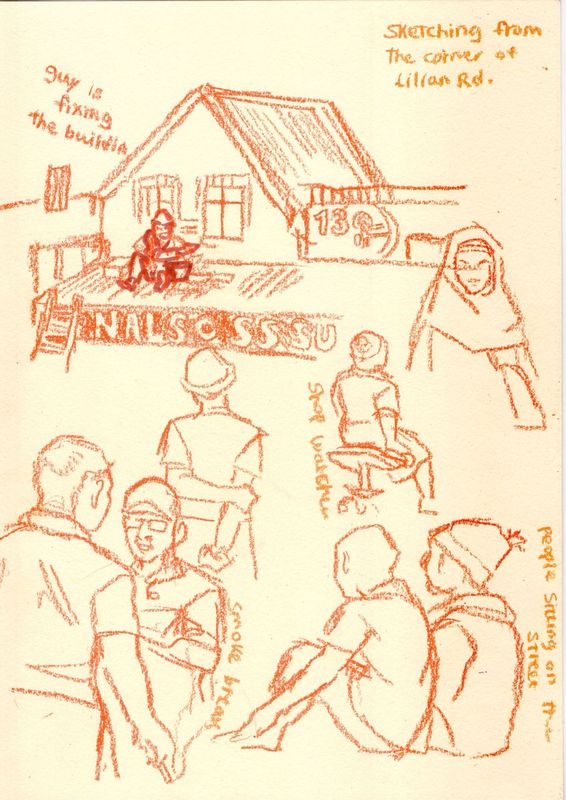 People sketch from the corner of Lillian Rd