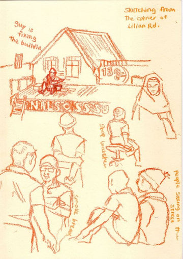 People sketch from the corner of Lillian Rd