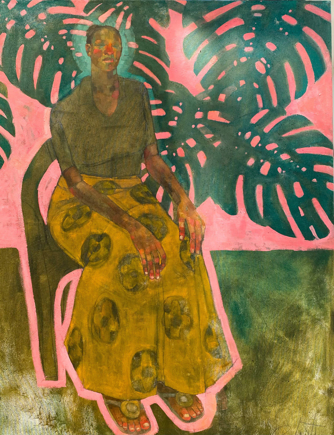 Woman sitting in Pink with Monstera
